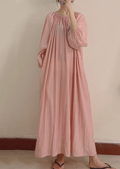Pink Wrinkled Pockets Maxi Dress Long Sleeve Tt1044