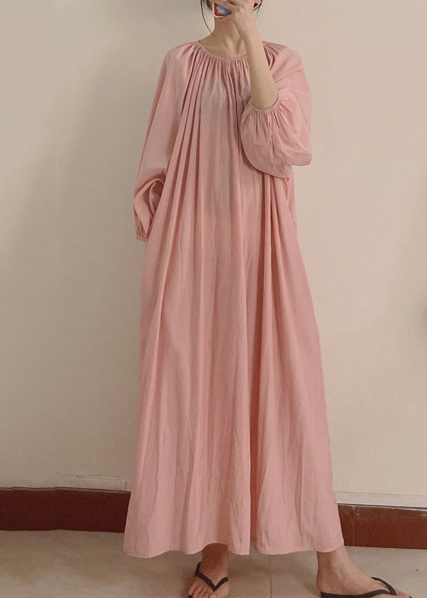 Pink Wrinkled Pockets Maxi Dress Long Sleeve Tt1044