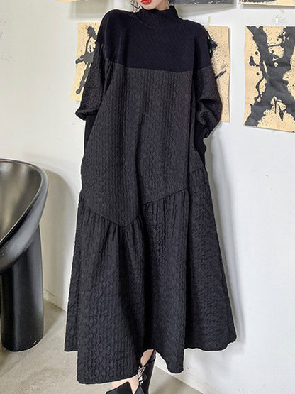 A-line Long Sleeves Asymmetric Color Split-joint High-neck Midi Dresses Sweater Dresses