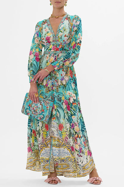 Fairy Tale Print V-neck Lantern Sleeve Waist Maxi Dress