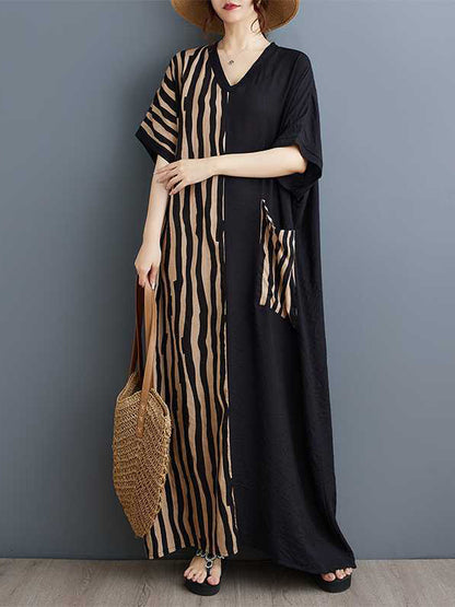 A-line Batwing Sleeves Contrast Color Pockets Split-joint Striped V-neck Maxi Dresses