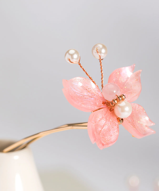 Pink Copper Alloy Pearl Colored Glaze Butterfly Hairpin