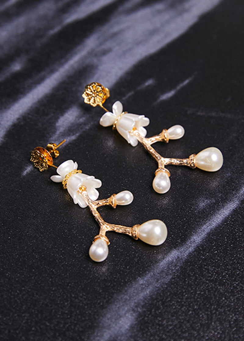 Stylish White Pearl 14k Gold Branch Drop Earrings