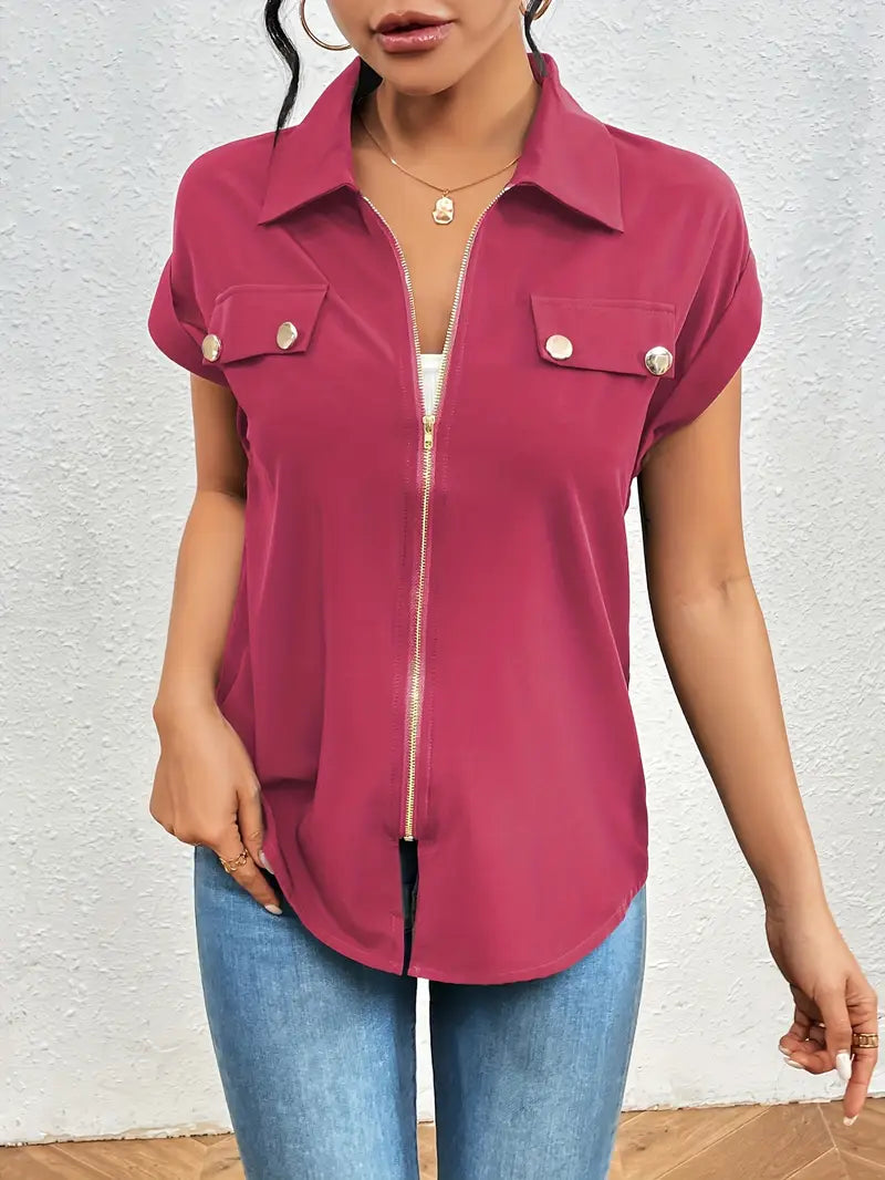 Safira - Zip-front Short Sleeve Blouse