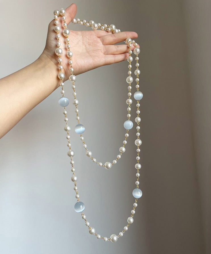 Art Gold Alloy Pearl Cat's Eye Stone Layered Gratuated Bead Necklace