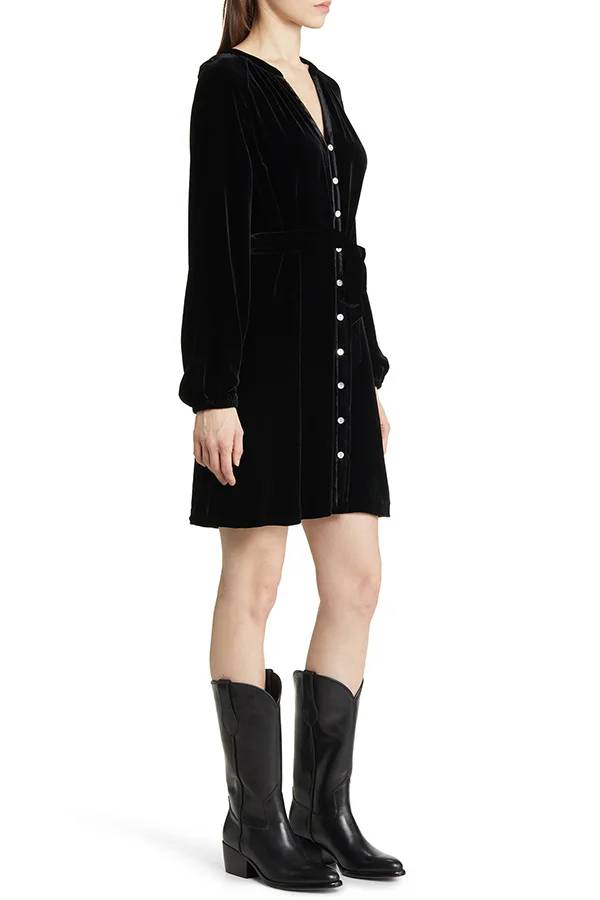 Color Velvet Long-sleeved V-neck Lace-up Mini Dress
