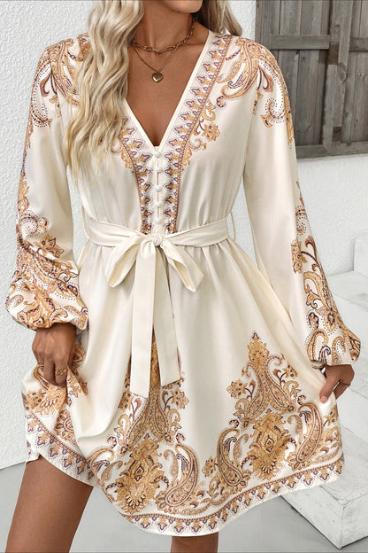 Paisley Print V Neck Mini Dress