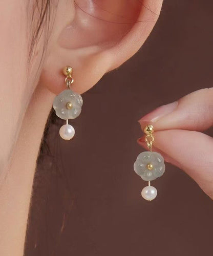 Art Colorblock Sterling Silver Overgild Jade Pearl Drop Earrings
