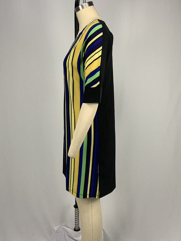 A-line Half Sleeves Asymmetric Contrast Color Striped Round-neck Mini Dresses