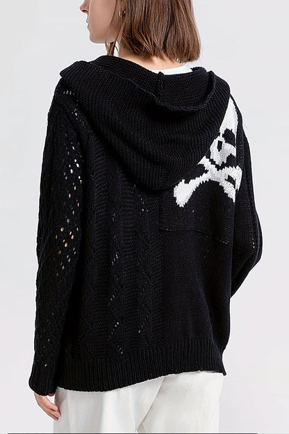 Hollow Long-sleeved Halloween Skull Knitted Cardigan With Pockets