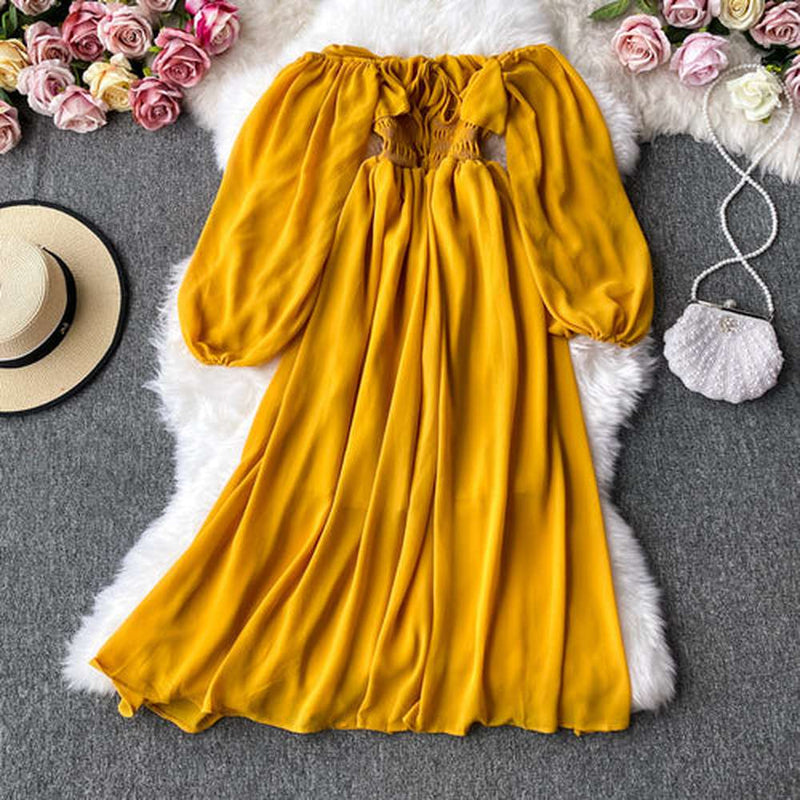 Red Off Shoulder With Ruffles Long Puff Sleeve Midi Dress Ar1019