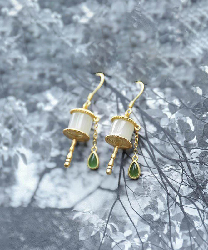 Gold Sterling Silver Overgild Jade Tassel Drop Earrings