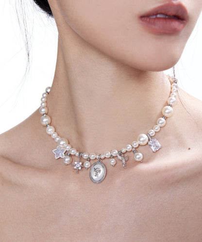 Stylish Pearl Angel Zircon Silver Plated Pendant Choker