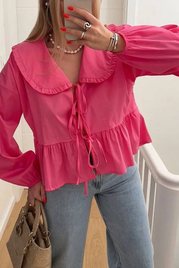 Color Lace-up Long Sleeve Cardigan Shirt