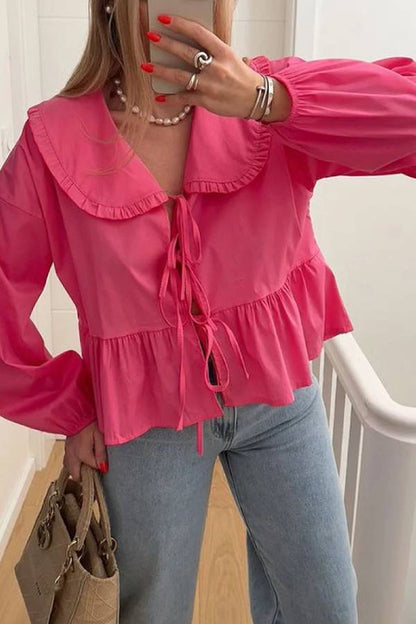 Color Lace-up Long Sleeve Cardigan Shirt