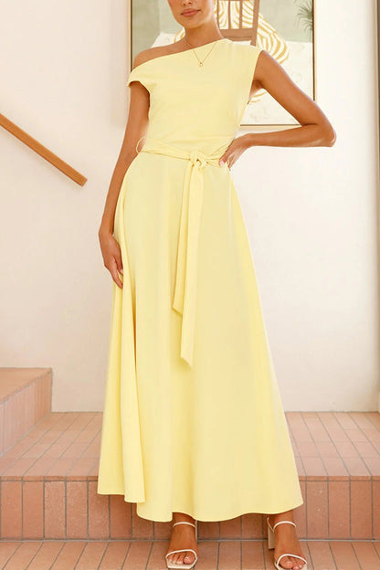 Color Sloped Collar Slim Fit Waist Lace Up Full Hem Maxi Dress