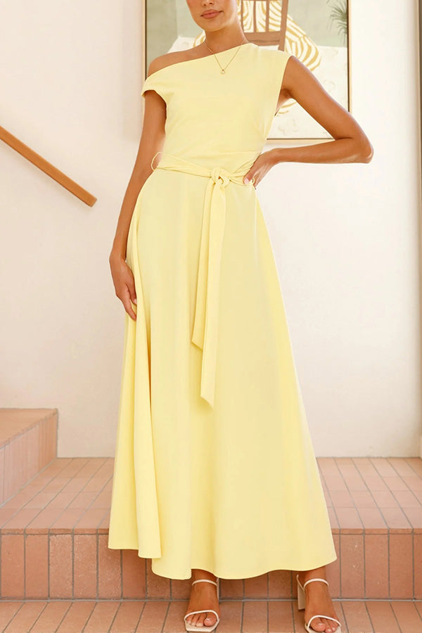 Color Sloped Collar Slim Fit Waist Lace Up Full Hem Maxi Dress