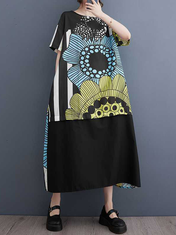 A-line Loose Flower Print Pockets Split-joint Round-neck Midi Dresses