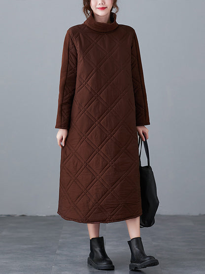 A-line Long Sleeves Color High-neck Midi Dresses