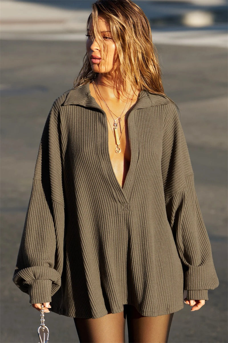 V Neck Knit Collar Blouse