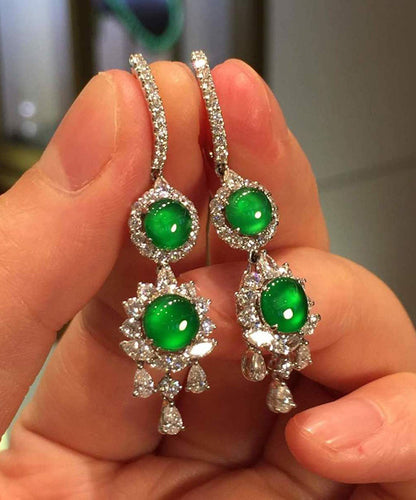 Sterling Silver Inlaid Zircon Jade Tassel Drop Earrings