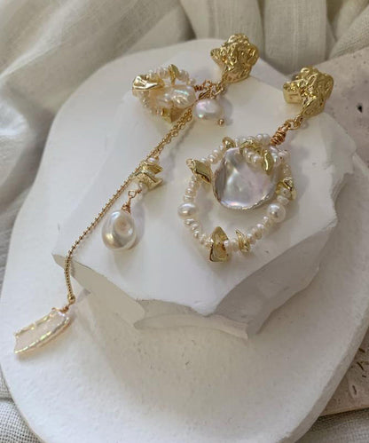 Modern Gold Copper Overgild Asymmetrica Pearl Tassel Drop Earrings