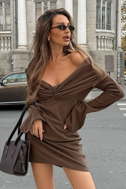 Brown Off Shoulder V Neck Knit Waist Slim a Line Mini Dress