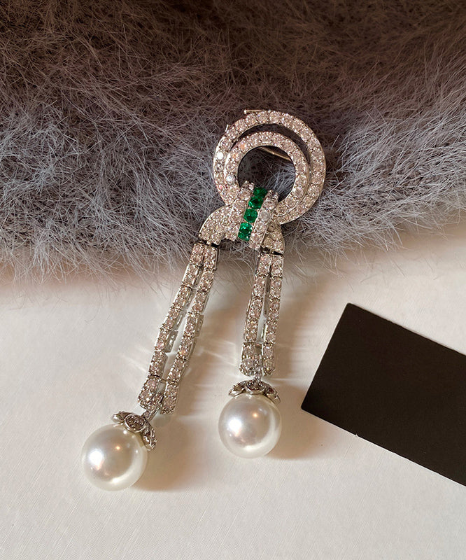 Unique Emerald Gem Stone Zircon Tassel Pearl Broochs