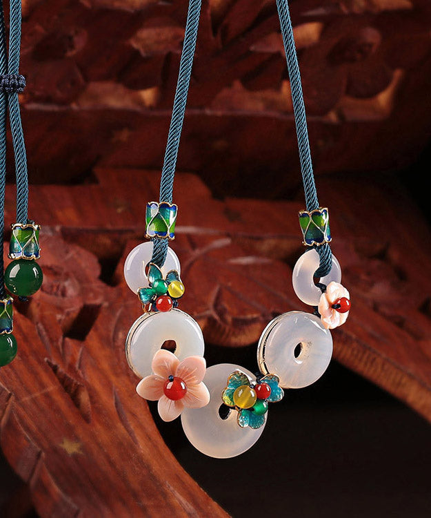White Cloisonne Shell Flower Agate Pendant Necklace
