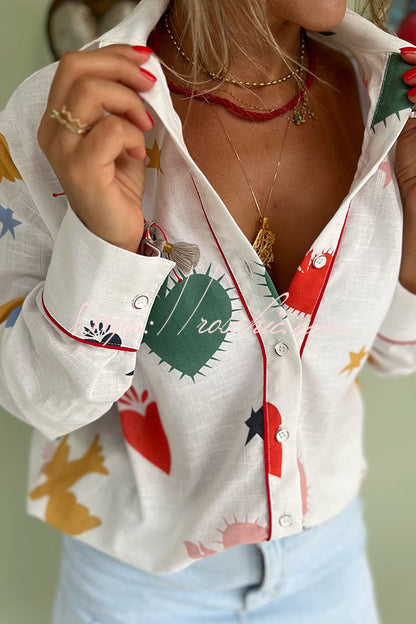 Cue the Sunshine Linen Blend Unique Print Button Long Sleeve Loose Blouse