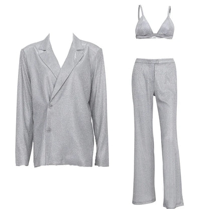 Party Sliver Glitter Three Piece Blazer Sets for Clubwear Sparkly Bra and Pants 2 Piece Mathcing Set New