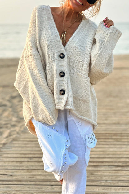 Color Loose Long Sleeve V-neck Pocket Knitted Sweater Cardigan