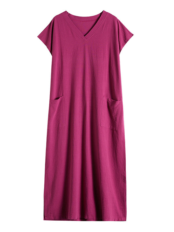 Simple Ramie Cotton Color Split-side With Pocket V-neck Short Sleeves Maxi Dress