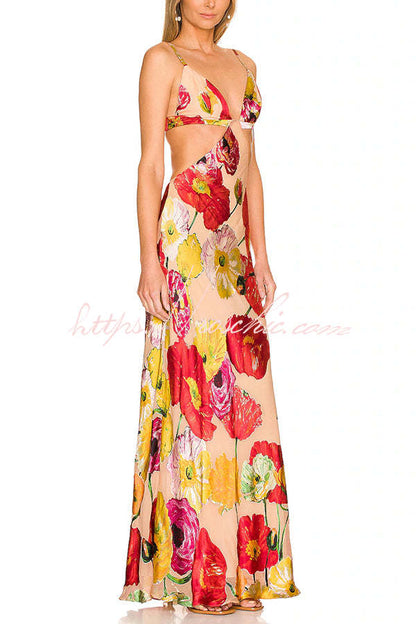 Hawaiian Dreams Satin Print Cutout Backless Maxi Dress