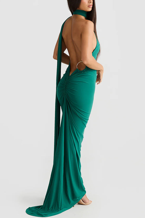 Backless Pleated Slim Color Sleeveless Maxi Dress