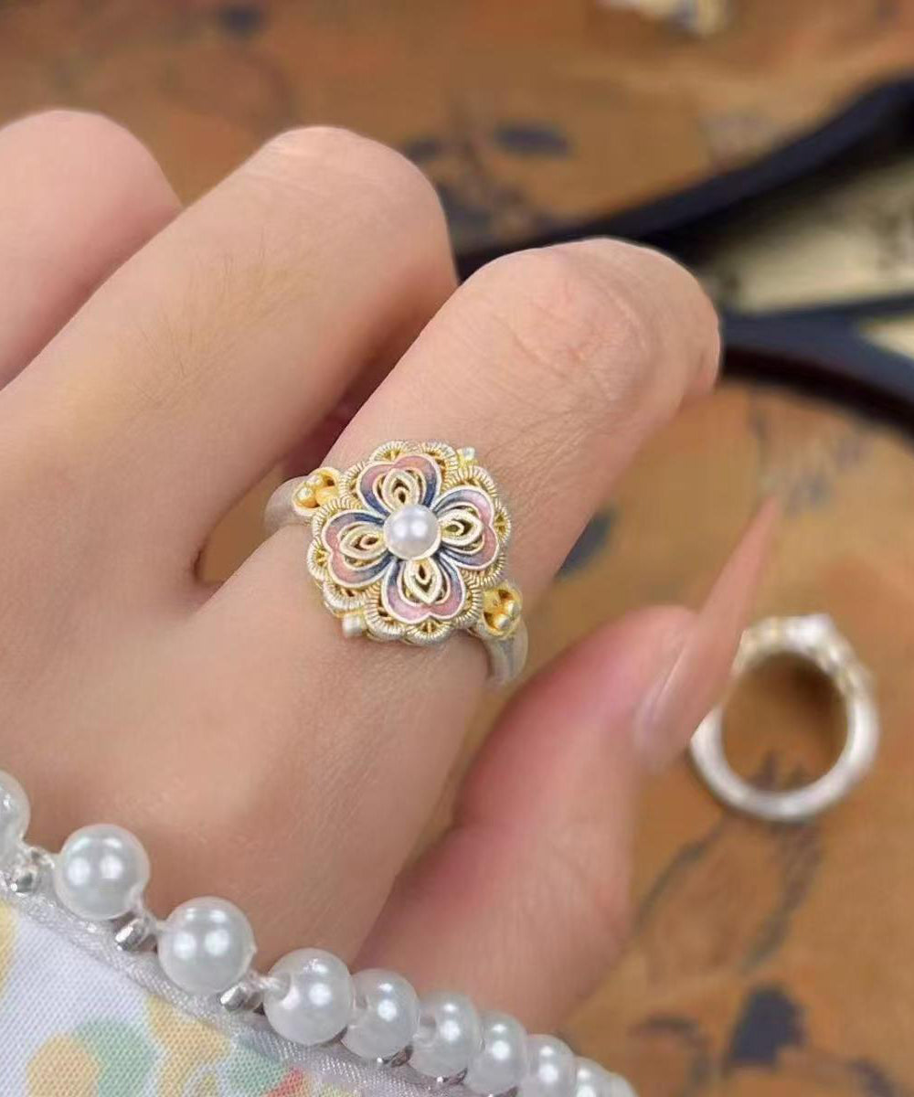 New Rainbow Alloy Enamel Pearl Rings