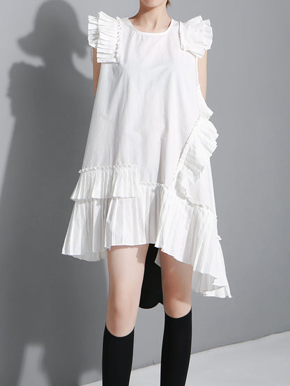Flying Sleeves Loose Asymmetric Pleated Color Split-joint Round-neck Midi Dresses