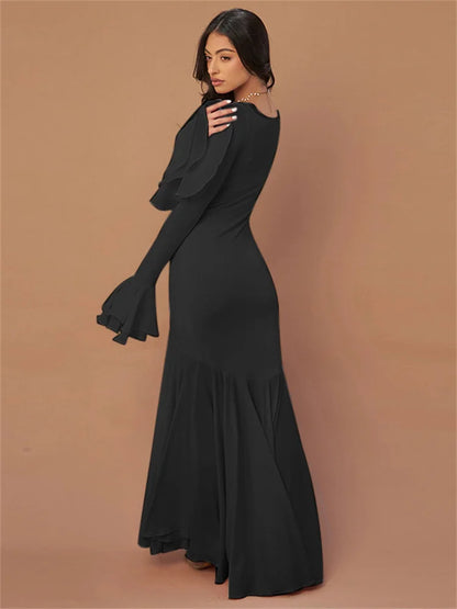 Ruffled Square Collar Maxi Dress for Bandage Slim See-through High Waist Party Dress Gown ’s Long Dress