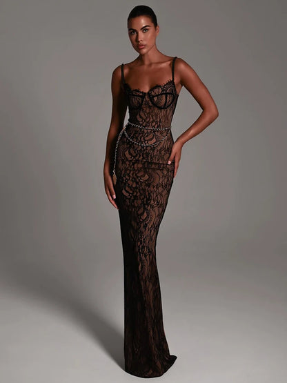 Lace Print Double Layer Dress for Bodycon Backless Metal Heart Pendant Maxi Dress Party Club Evening Dress