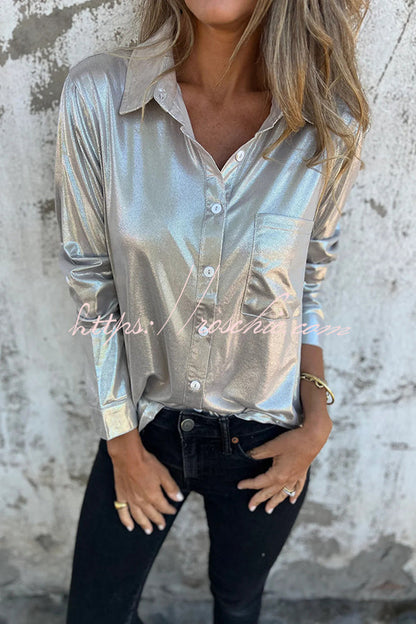 Holiday Look Metallic Loose Pocket Button-down Blouse