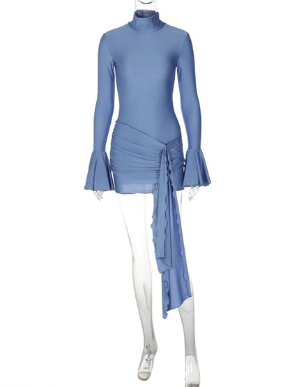 Skinny Ruffled Mini Dress Female Long Sleeve Turtleneck Slim Tassel Party Dress Autumn ’s Dress