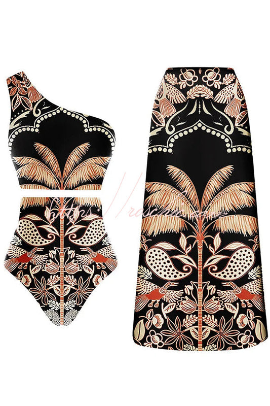 Palm Tree Bird Print Color Block High Waist Bikini and Skirt