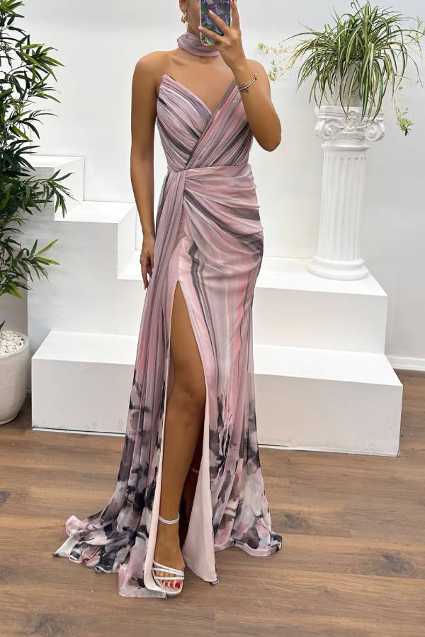 In a Dreamland Chiffon Print Off Shoulder Pleated Scarf Slit Maxi Dress