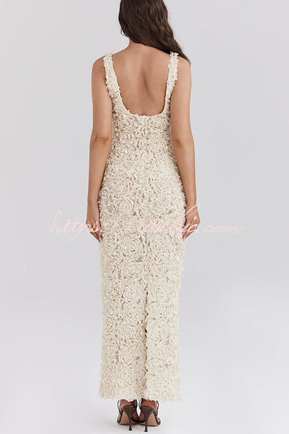 Champagne Party Rose Applique Slit Pencil Maxi Dress