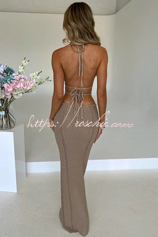 Effortlessly Cool and Knit Crochet Cutout Halter Tie-up Stretch Maxi Dress