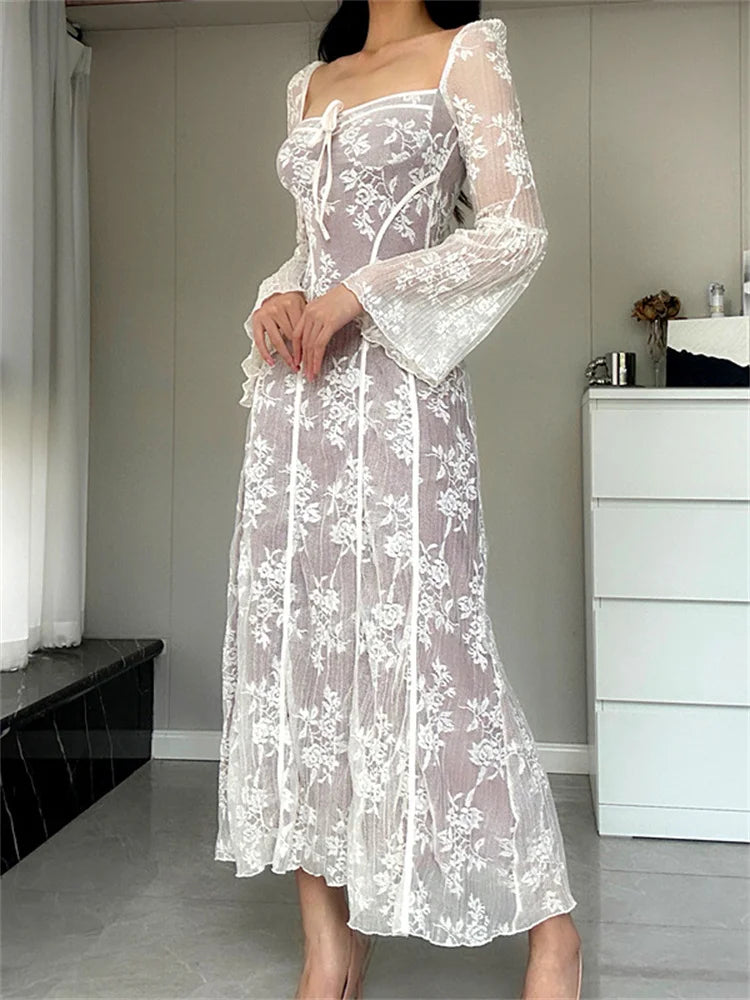 See-through Lace-up Lace Dress for Backless Slim Patchwork Printed Long Dress Bandage Party Dress