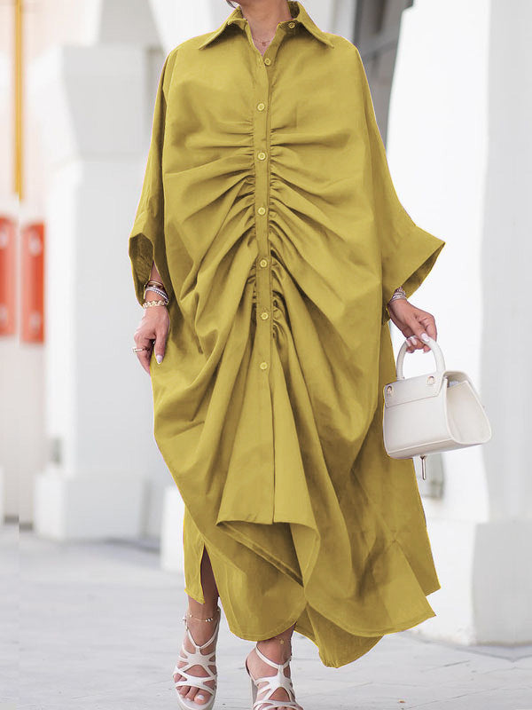 Long Sleeves Loose Buttoned Pleated Color Lapel Maxi Dresses Shirt Dress