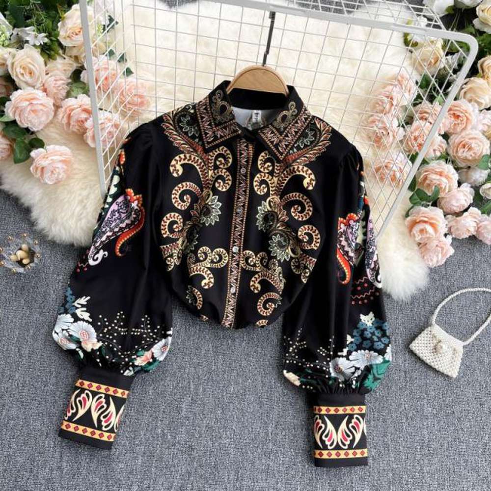 Retro Black Lapel Field Totem Print Buttoned Lantern Sleeve Blouse Ar1004