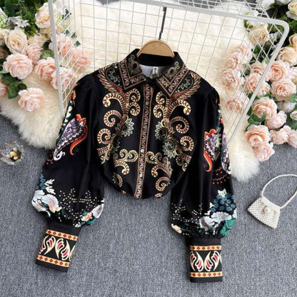 Retro Black Lapel Field Totem Print Buttoned Lantern Sleeve Blouse Ar1004