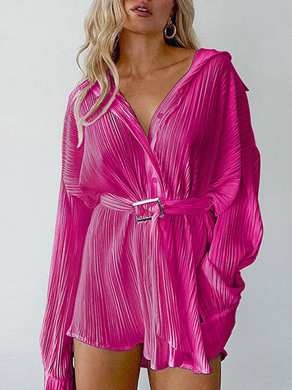 Long Sleeves Buttoned Pleated Color Tied Waist Lapel Mini Dresses Shirt Dress